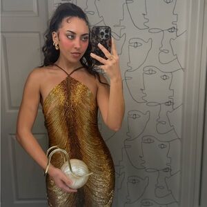 Cult Gaia Bronze Beaded Domina Halter Dress